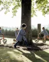 Des enfants jouent dans une cour d'école, autour des arbres. 3 petites filles et 1 petit garçon font de vélo. Un autre petit garçon coure.